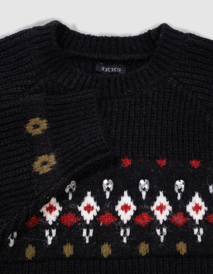 suéter de invierno de punto jacquard negro para niña con strass