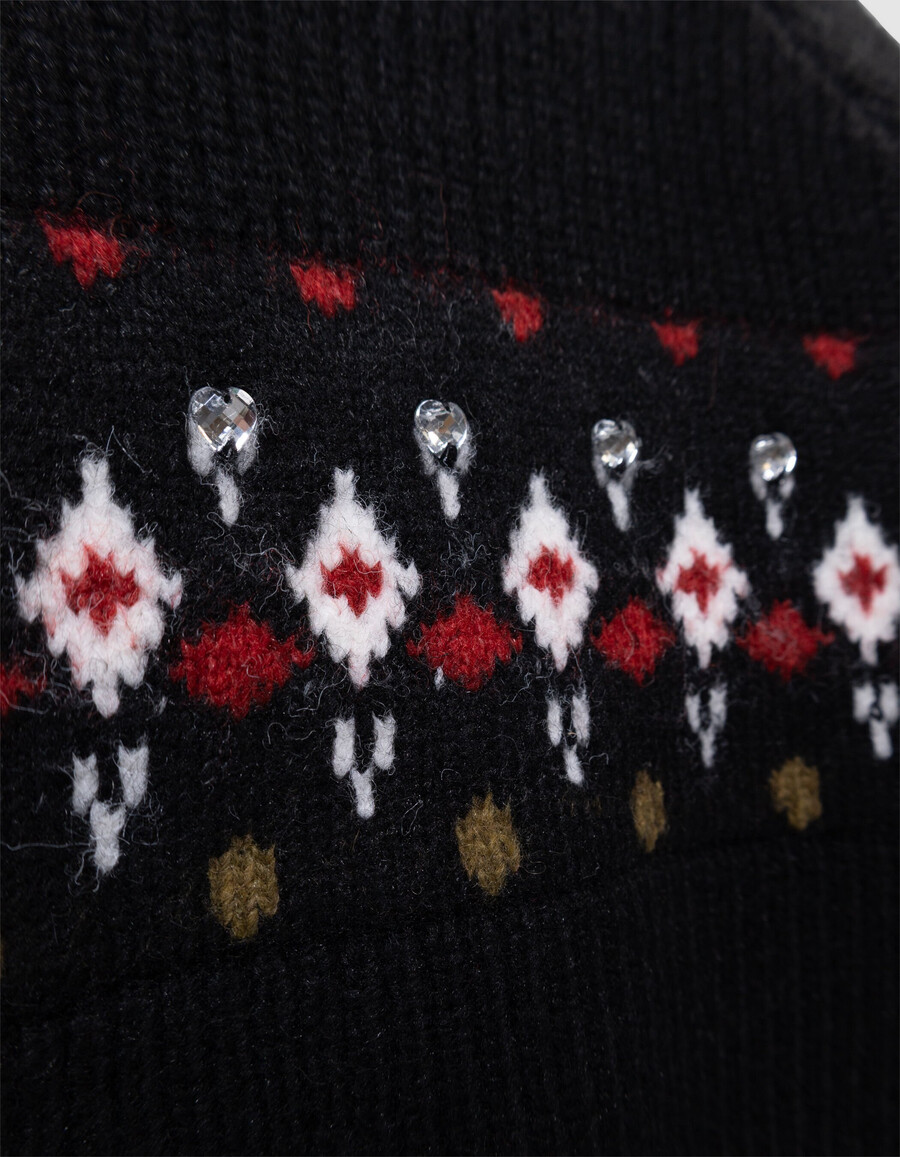 suéter de invierno de punto jacquard negro para niña con strass