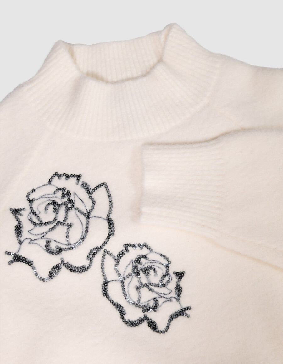 suéter de punto blanco de cuello alto para niña con bordado de lentejuelas