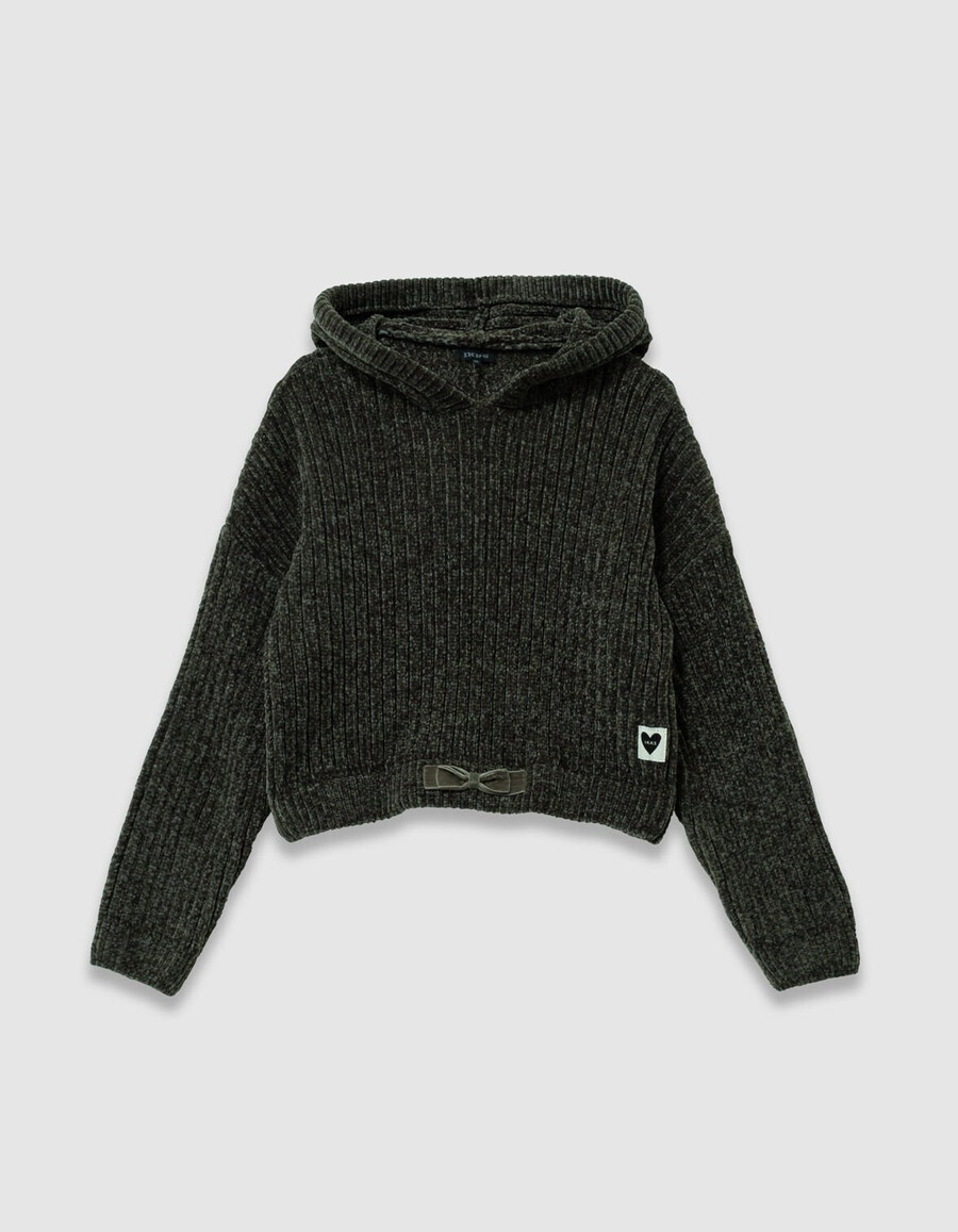 sudadera con capucha de punto de chenilla color caqui para niña