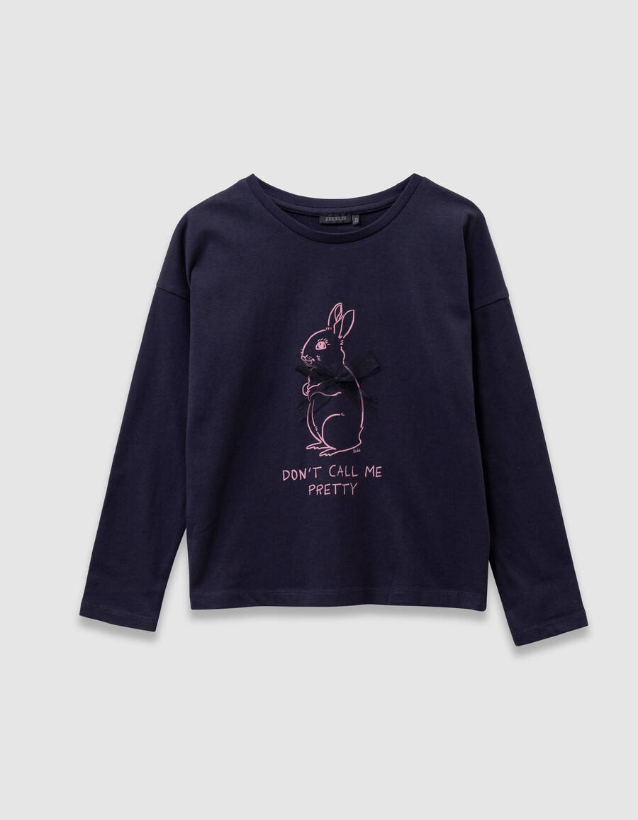 camiseta de algodón orgánico azul marino para niña con estampado de conejo y lazo 3d