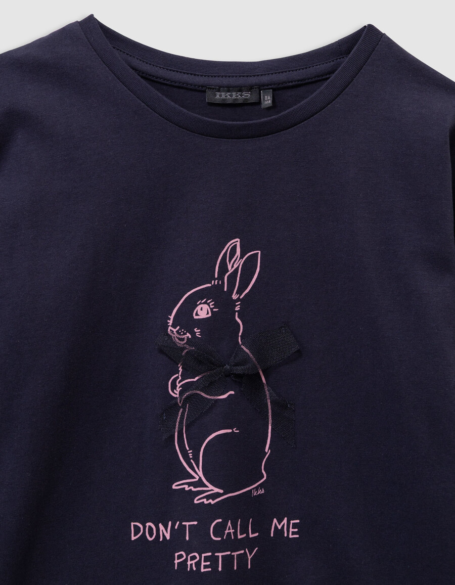 camiseta de algodón orgánico azul marino para niña con estampado de conejo y lazo 3d