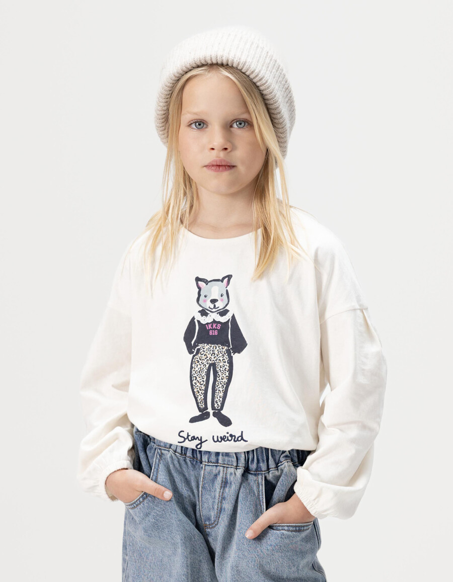 camiseta de algodón orgánico color crudo para niña con estampado de conejo y cuello de encaje 3d