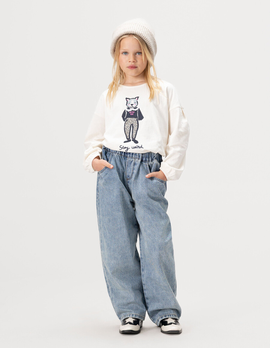 camiseta de algodón orgánico color crudo para niña con estampado de conejo y cuello de encaje 3d