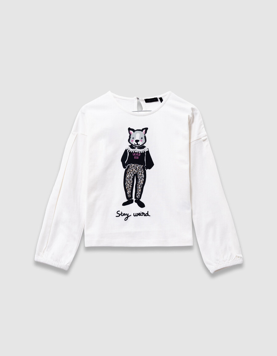 camiseta de algodón orgánico color crudo para niña con estampado de conejo y cuello de encaje 3d