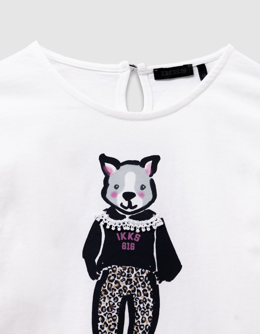 camiseta de algodón orgánico color crudo para niña con estampado de conejo y cuello de encaje 3d