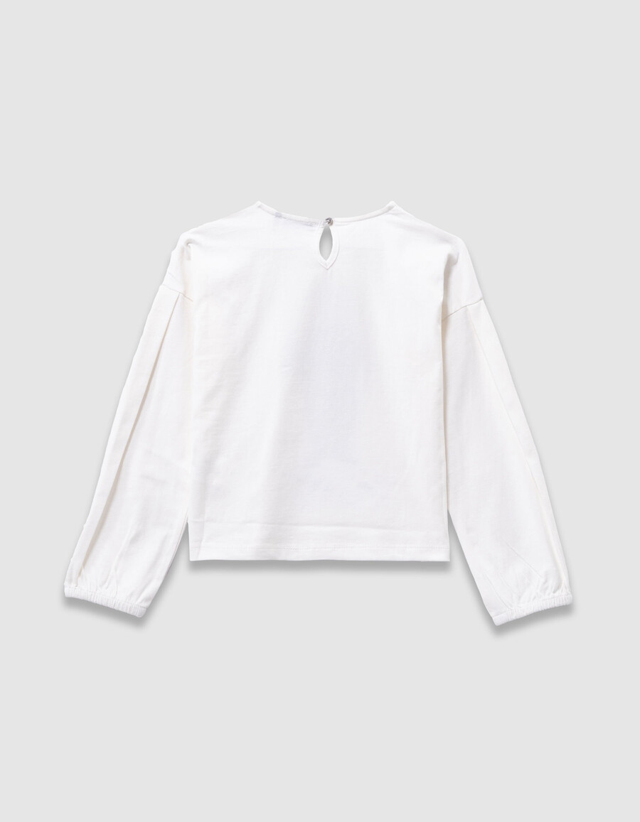 camiseta de algodón orgánico color crudo para niña con estampado de conejo y cuello de encaje 3d
