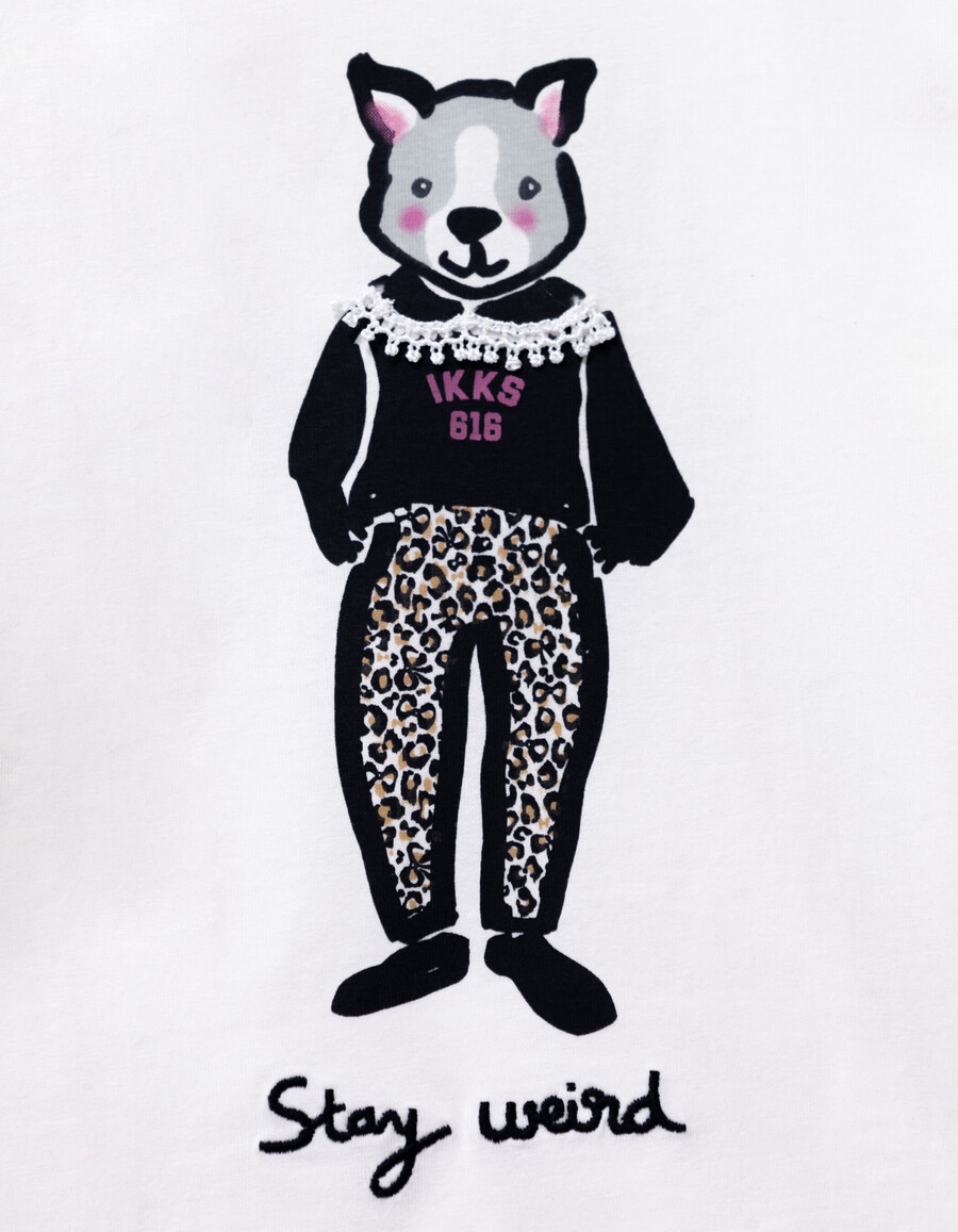 camiseta de algodón orgánico color crudo para niña con estampado de conejo y cuello de encaje 3d