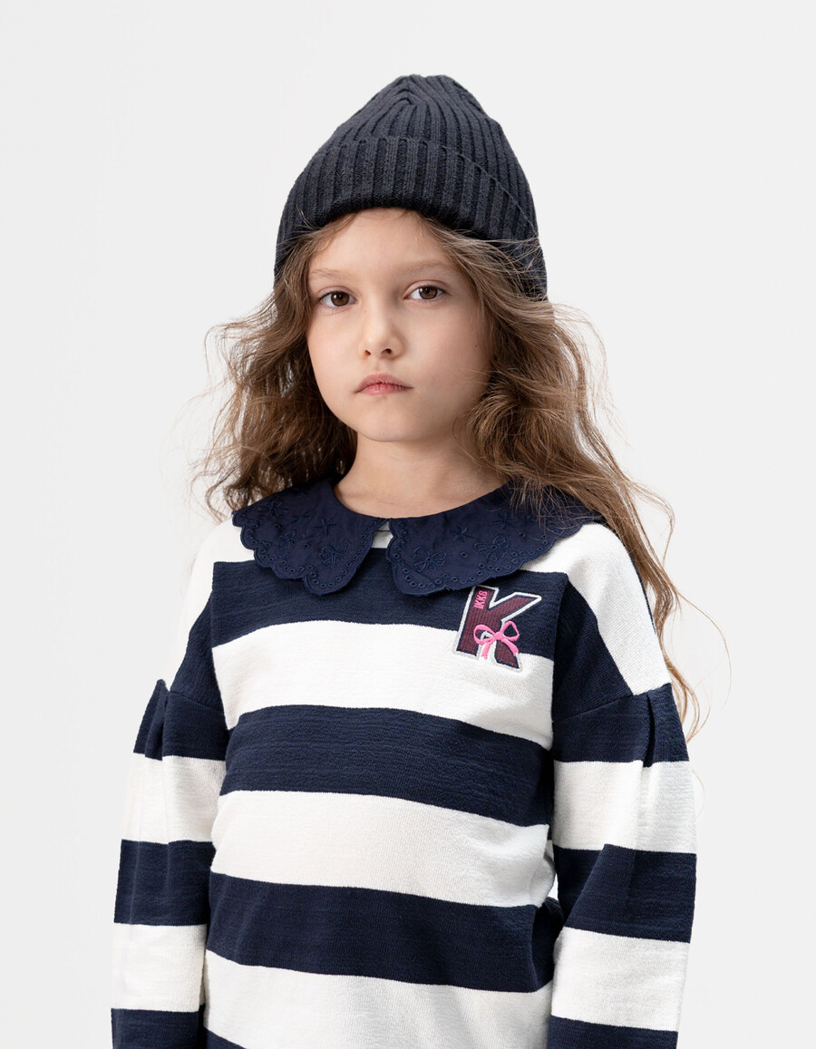 camiseta marinera de rayas azul marinocrudo para niña cuello bordado