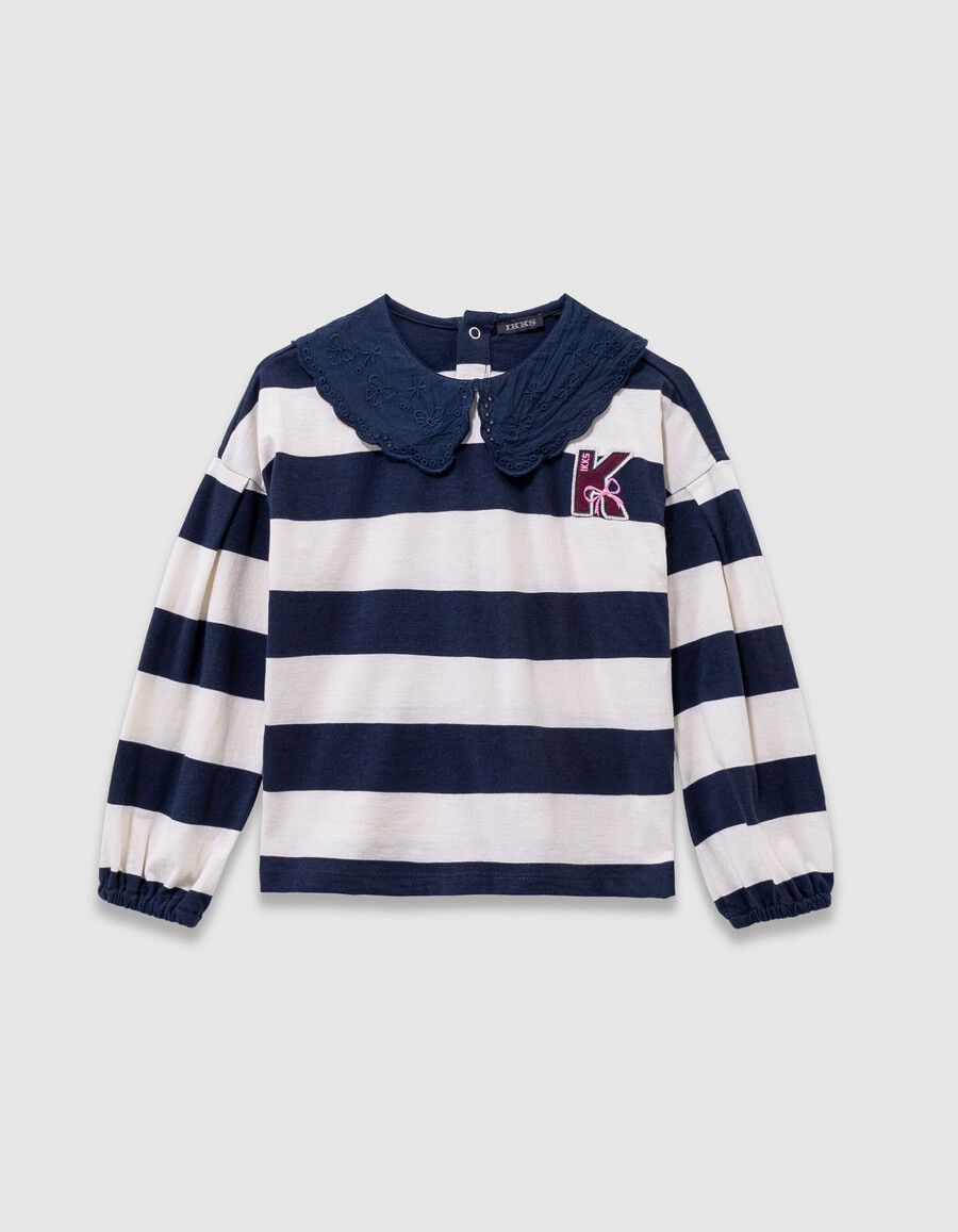 camiseta marinera de rayas azul marinocrudo para niña cuello bordado