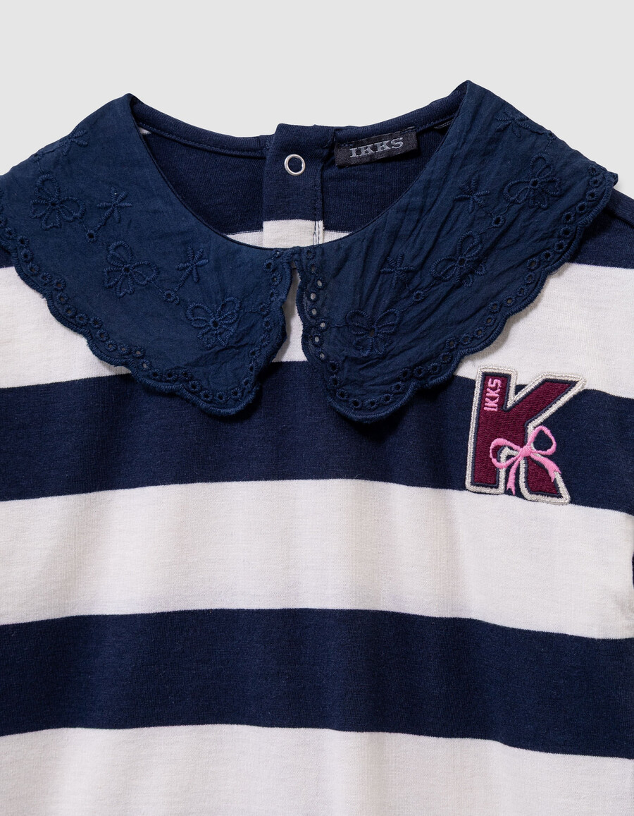 camiseta marinera de rayas azul marinocrudo para niña cuello bordado