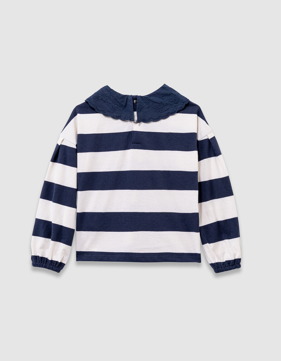 camiseta marinera de rayas azul marinocrudo para niña cuello bordado