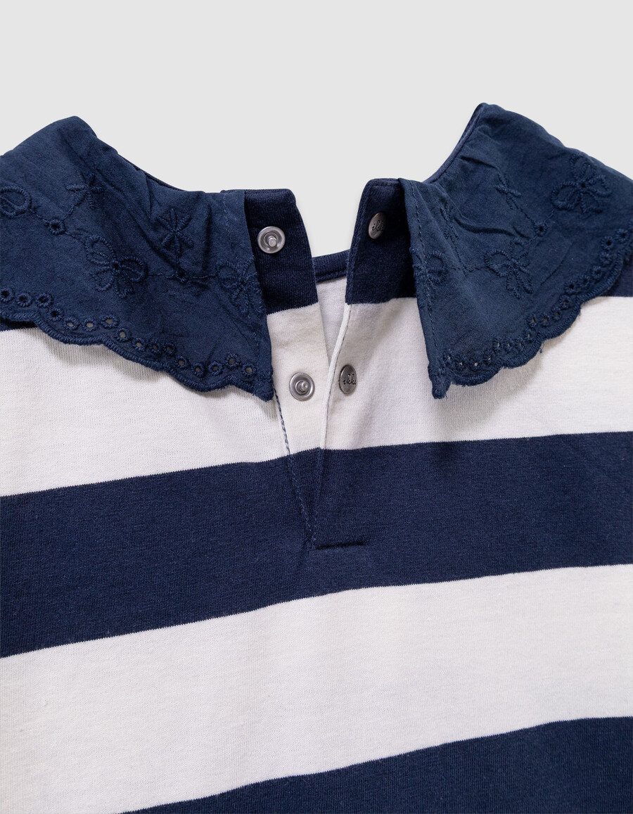 camiseta marinera de rayas azul marinocrudo para niña cuello bordado