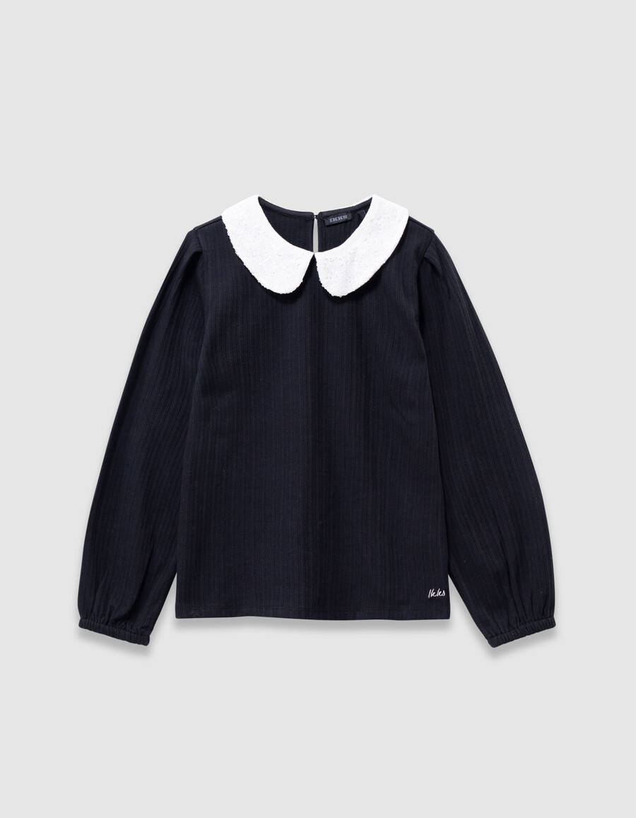 camiseta negra de manga larga para niña con cuello de lentejuelas color crudo