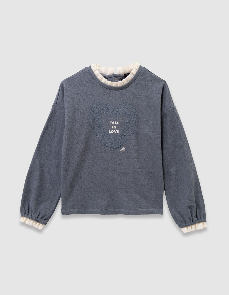 camiseta de manga larga bordada azul para niña cuello fruncido
