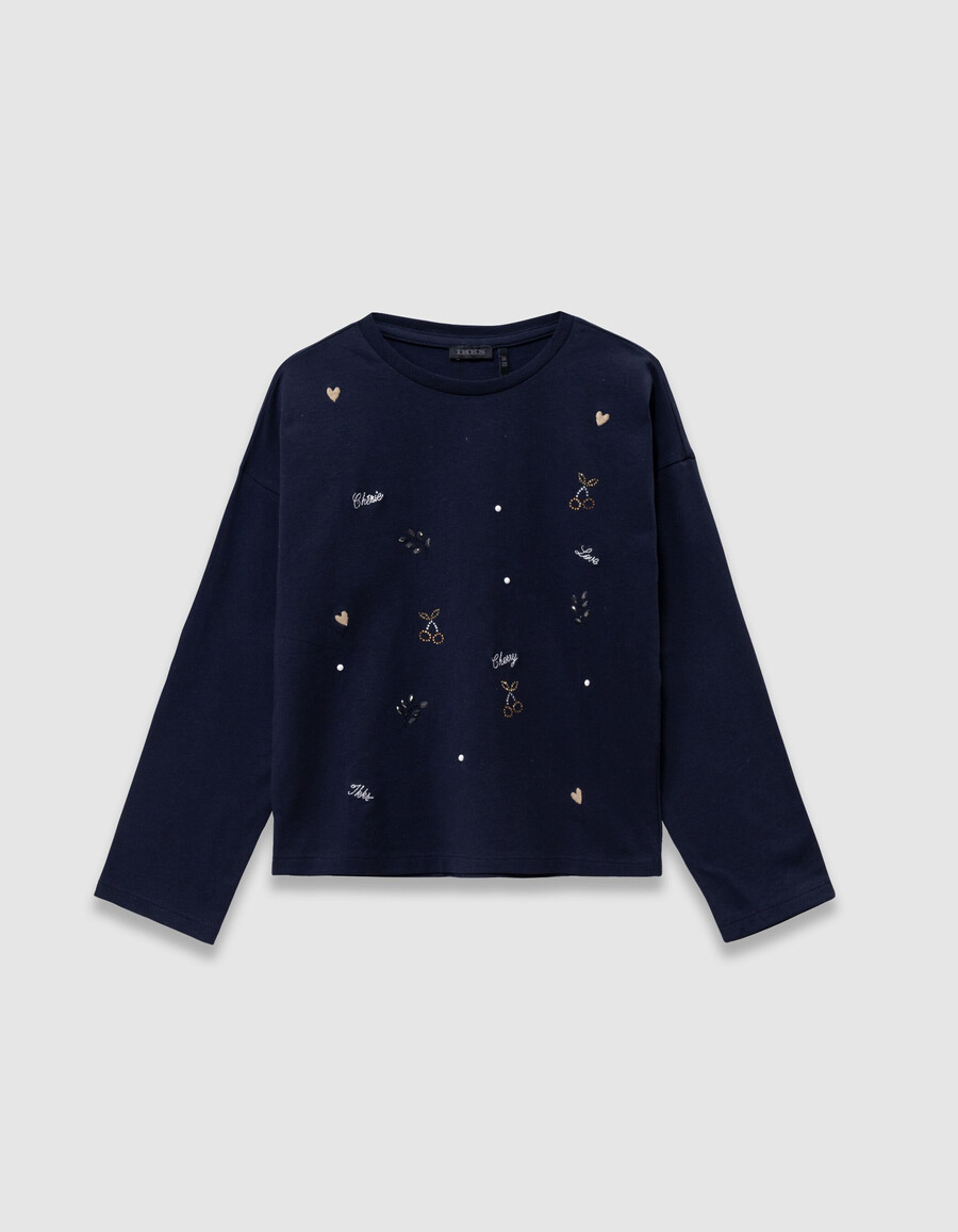 camiseta azul marino para niña con bordado y mezcla de strass