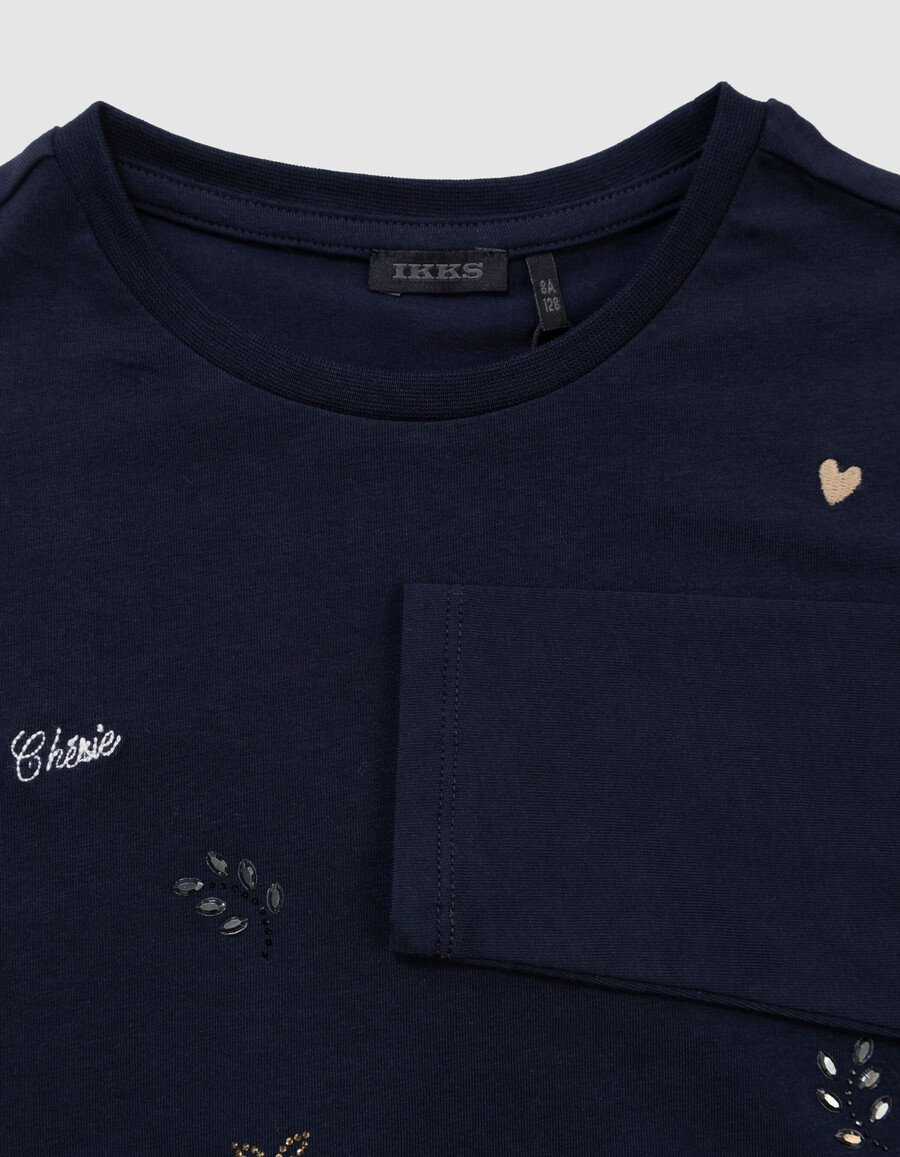 camiseta azul marino para niña con bordado y mezcla de strass