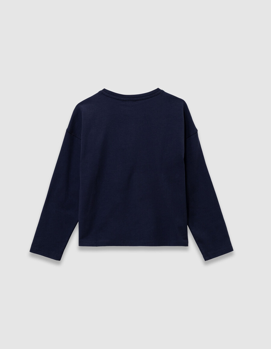 camiseta azul marino para niña con bordado y mezcla de strass