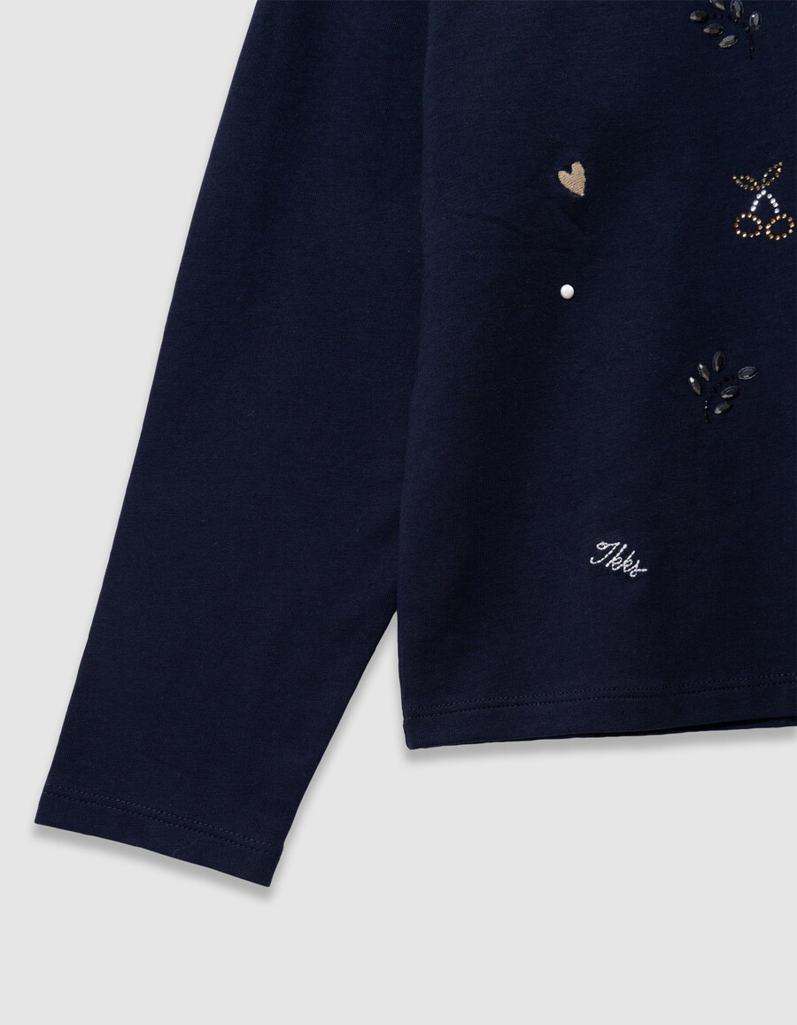 camiseta azul marino para niña con bordado y mezcla de strass