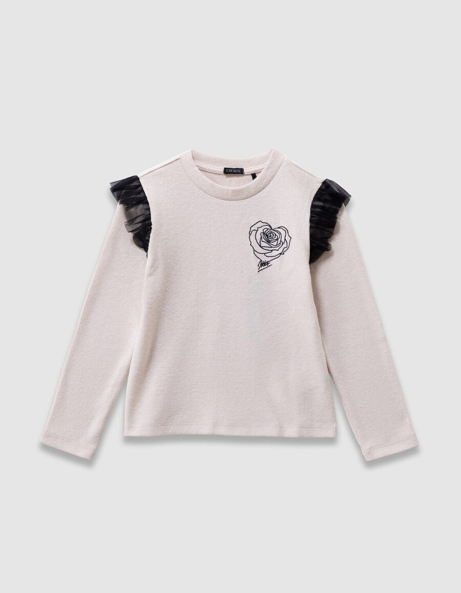camiseta beige para niña con bordado de rosas y volantes de tul