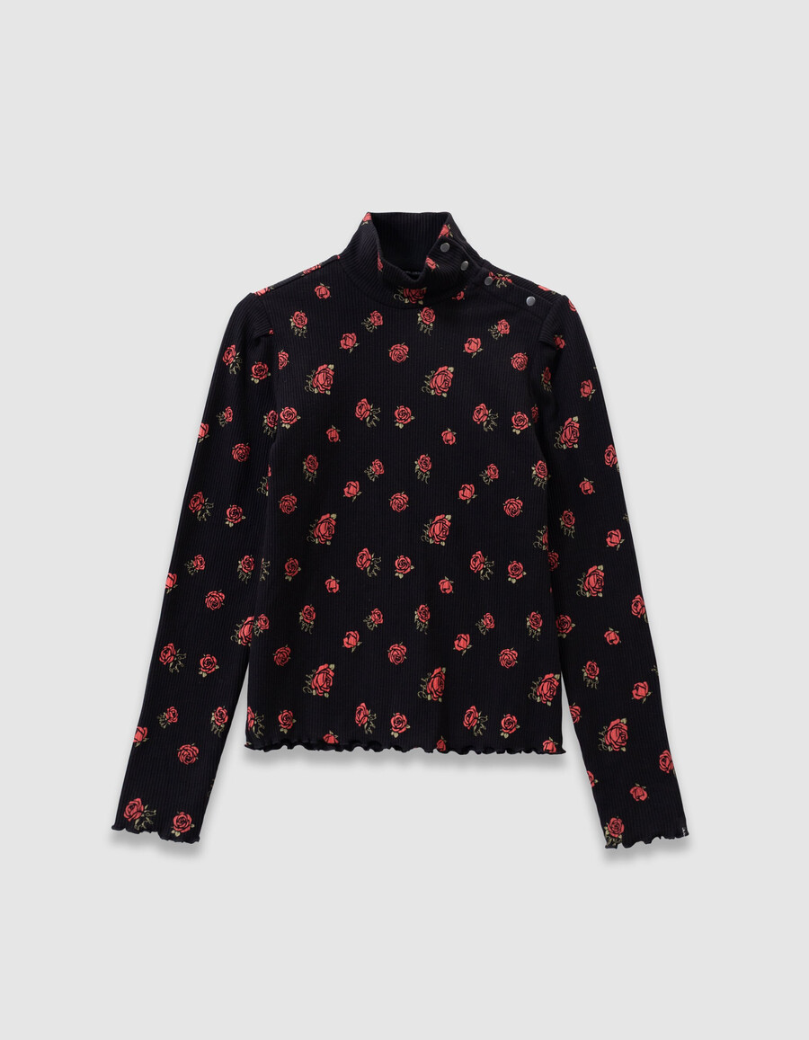 camiseta de manga larga acanalada negra para niña con estampado de rosas
