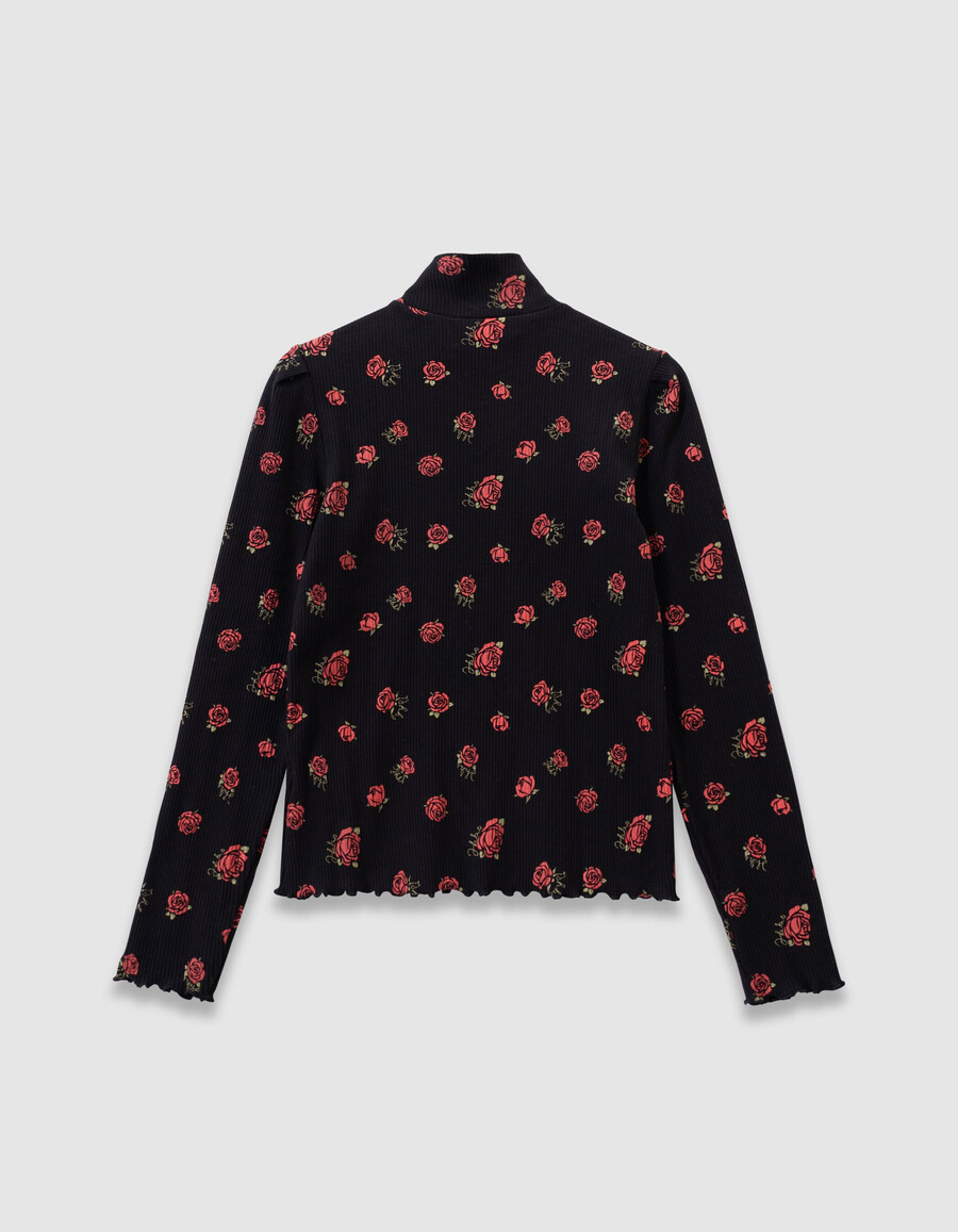 camiseta de manga larga acanalada negra para niña con estampado de rosas