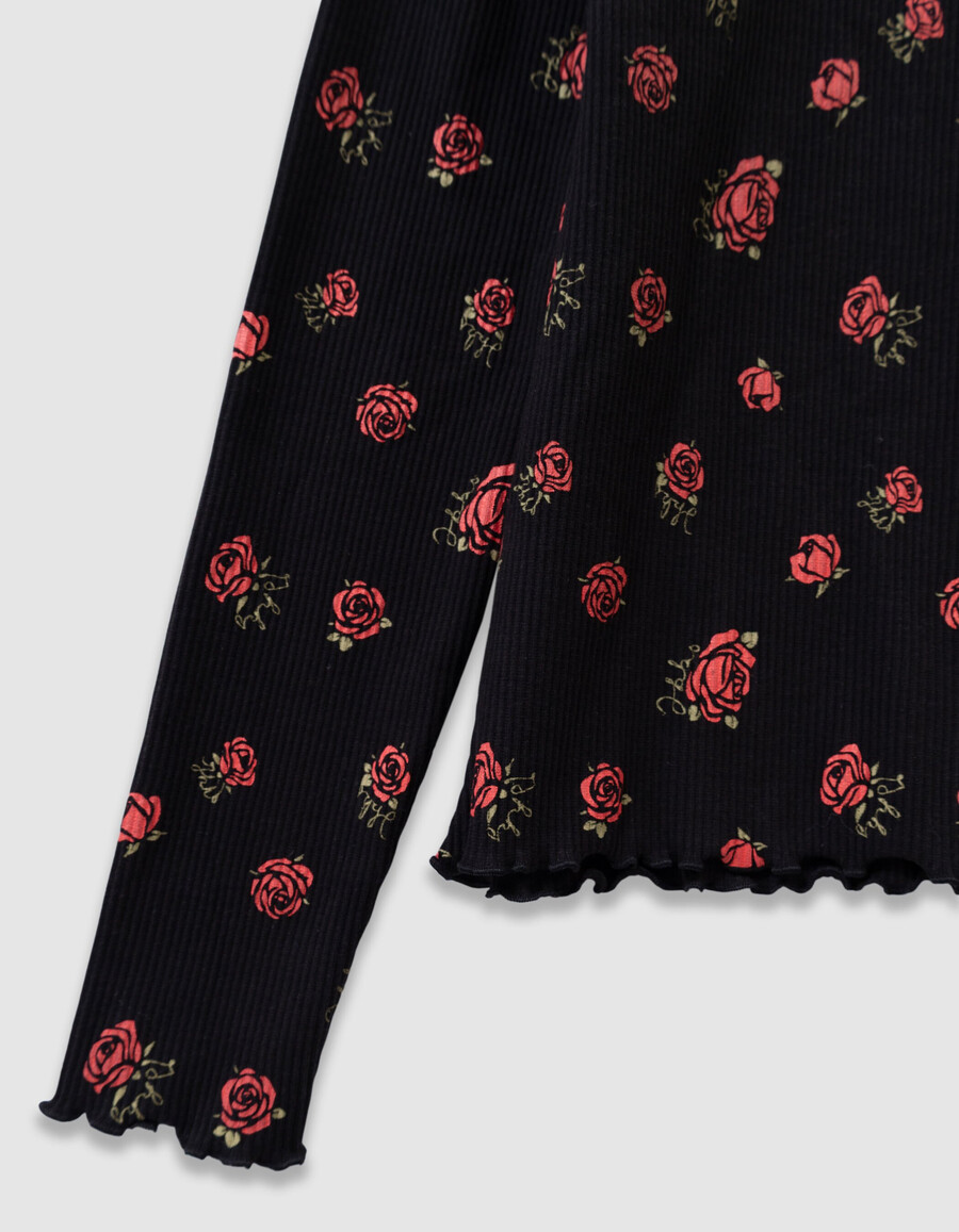 camiseta de manga larga acanalada negra para niña con estampado de rosas