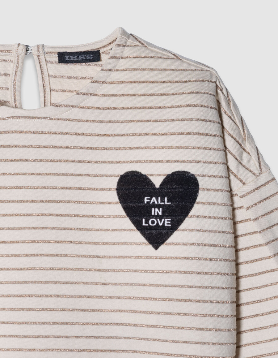 camiseta marinera color crudo con rayas doradas para niña