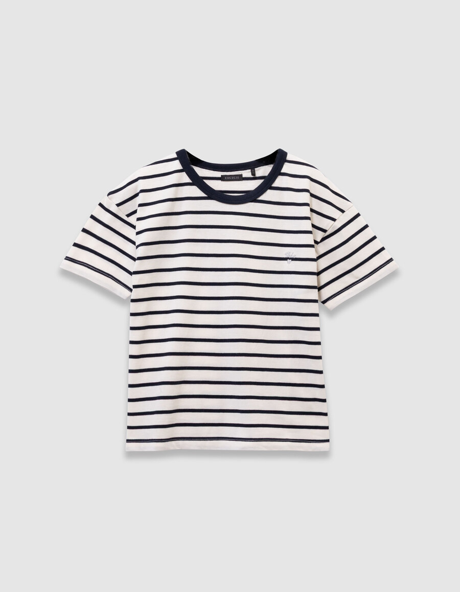 camiseta marinera de algodón orgánico para niña con rayas azul marino