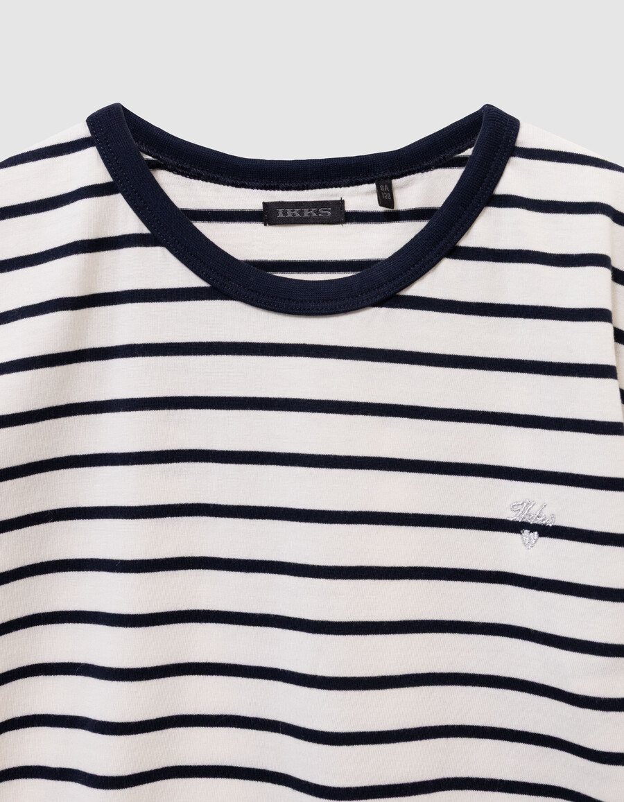 camiseta marinera de algodón orgánico para niña con rayas azul marino