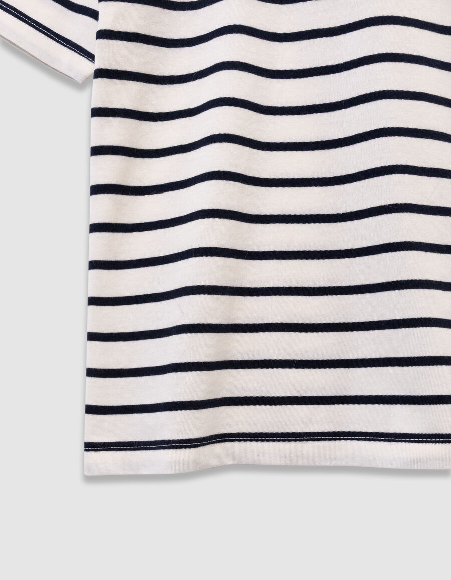 camiseta marinera de algodón orgánico para niña con rayas azul marino
