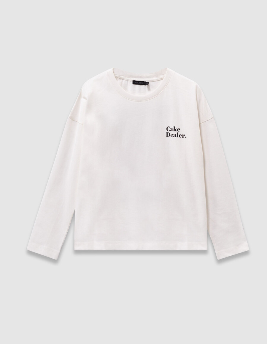 camiseta de algodón orgánico color crudo para niña con imagen de pastel