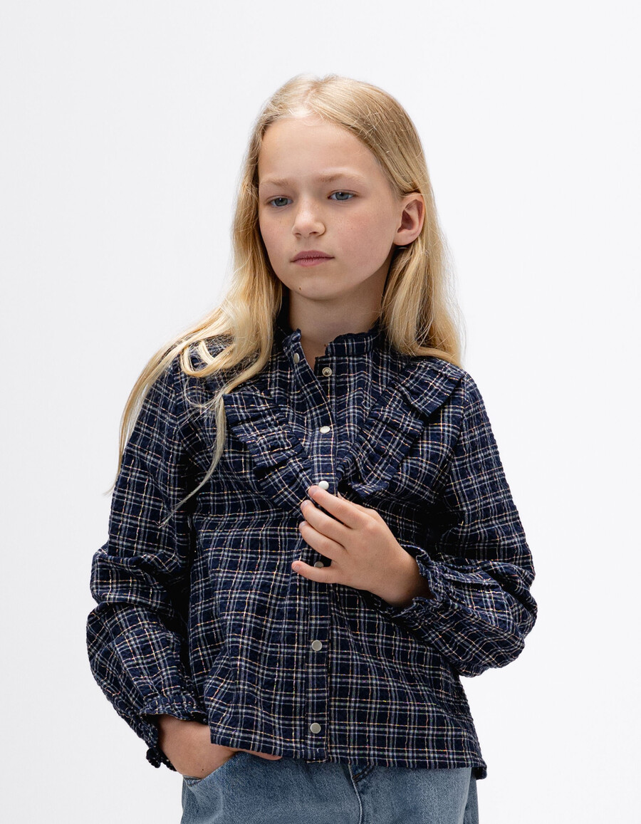camisa de cuadros azul marino para niña
