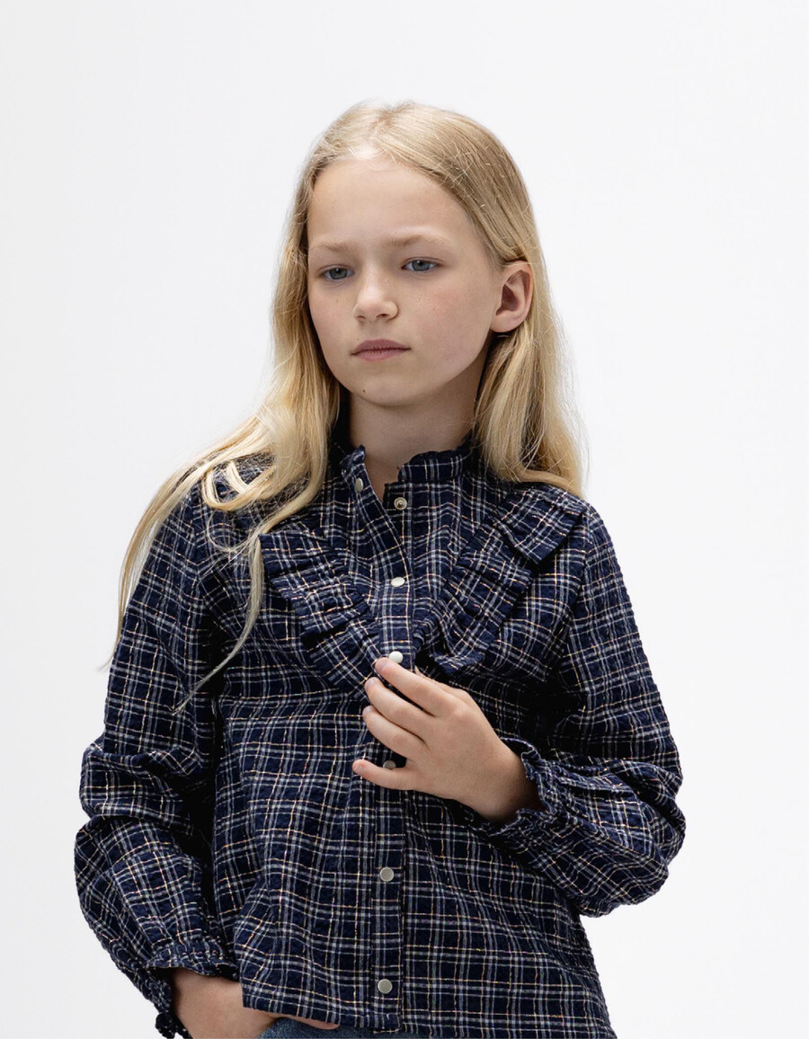 camisa de cuadros azul marino para niña