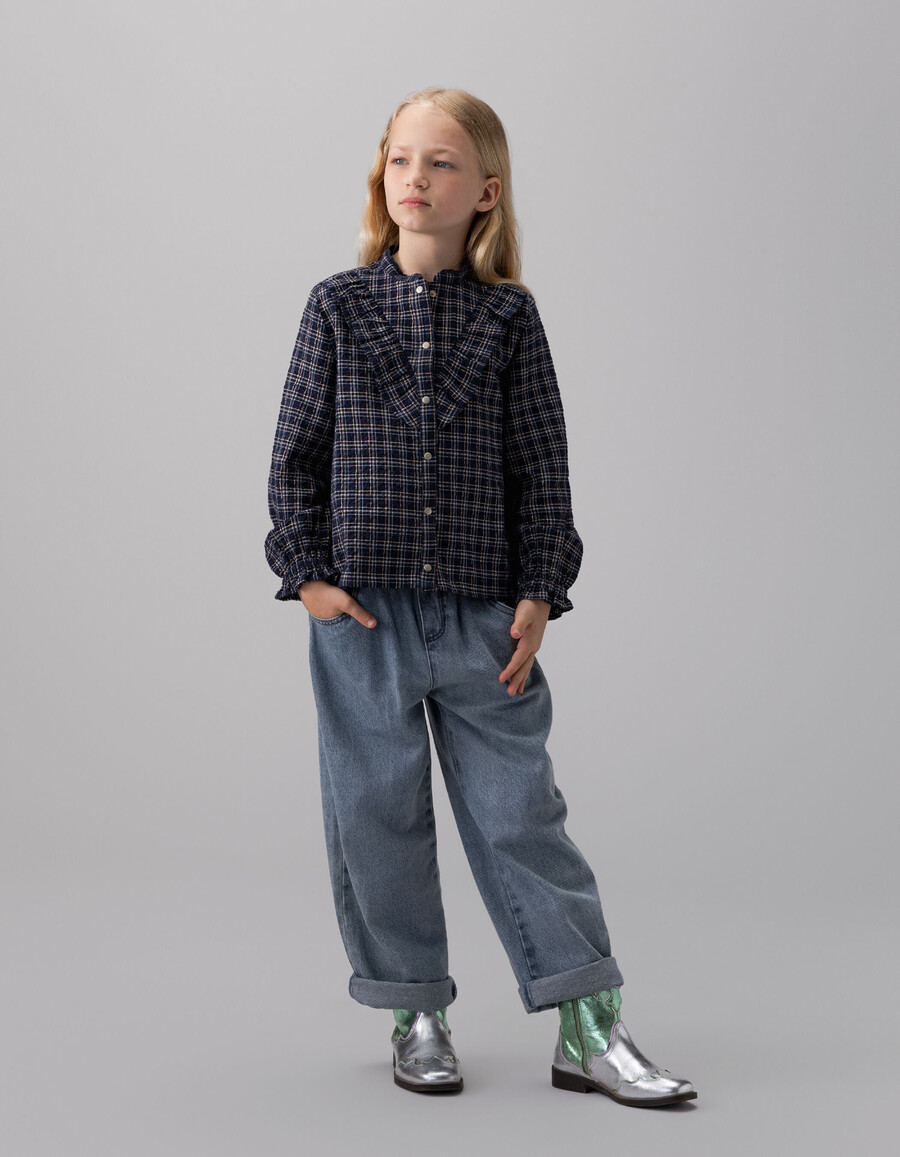 camisa de cuadros azul marino para niña