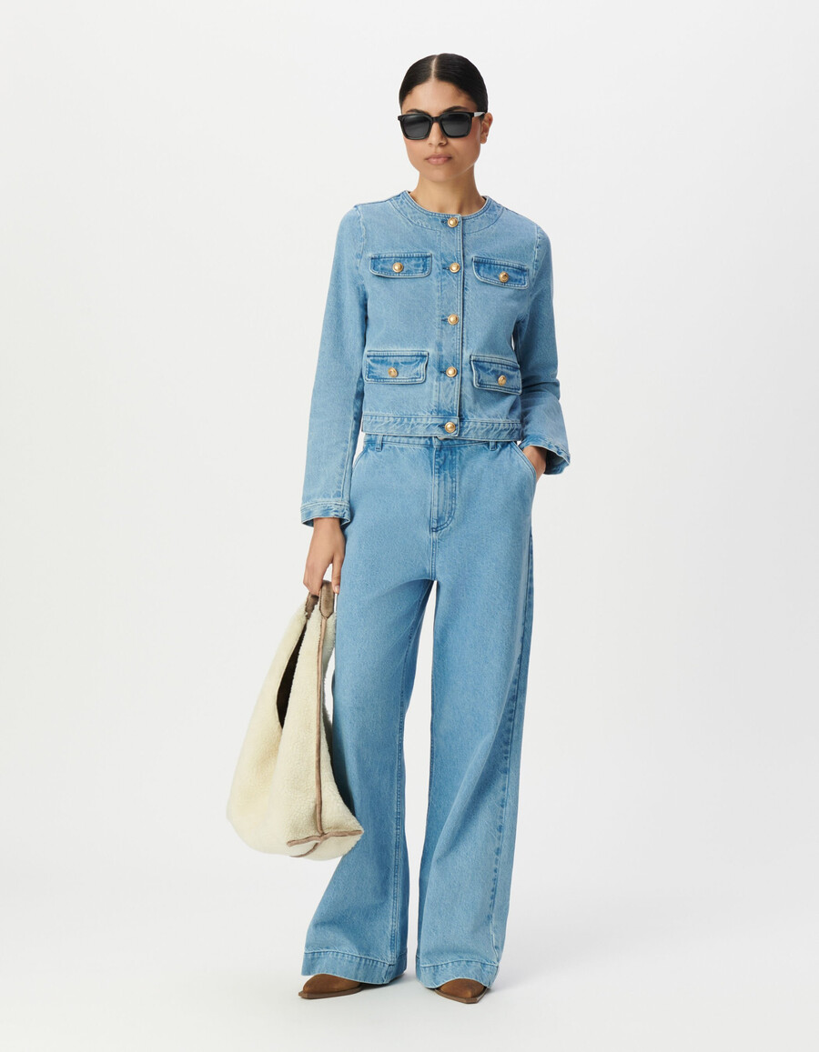 chaqueta vaquera azul sin cuello para mujer
