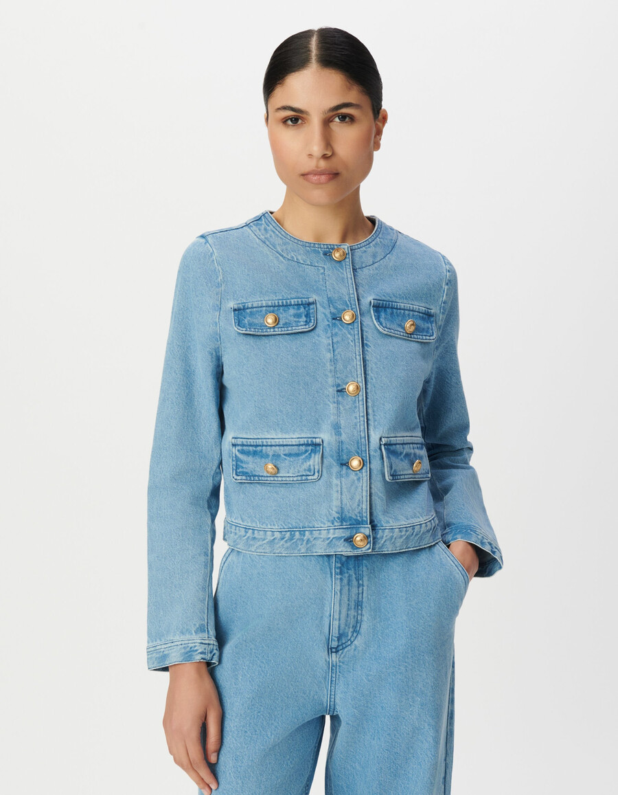 chaqueta vaquera azul sin cuello para mujer