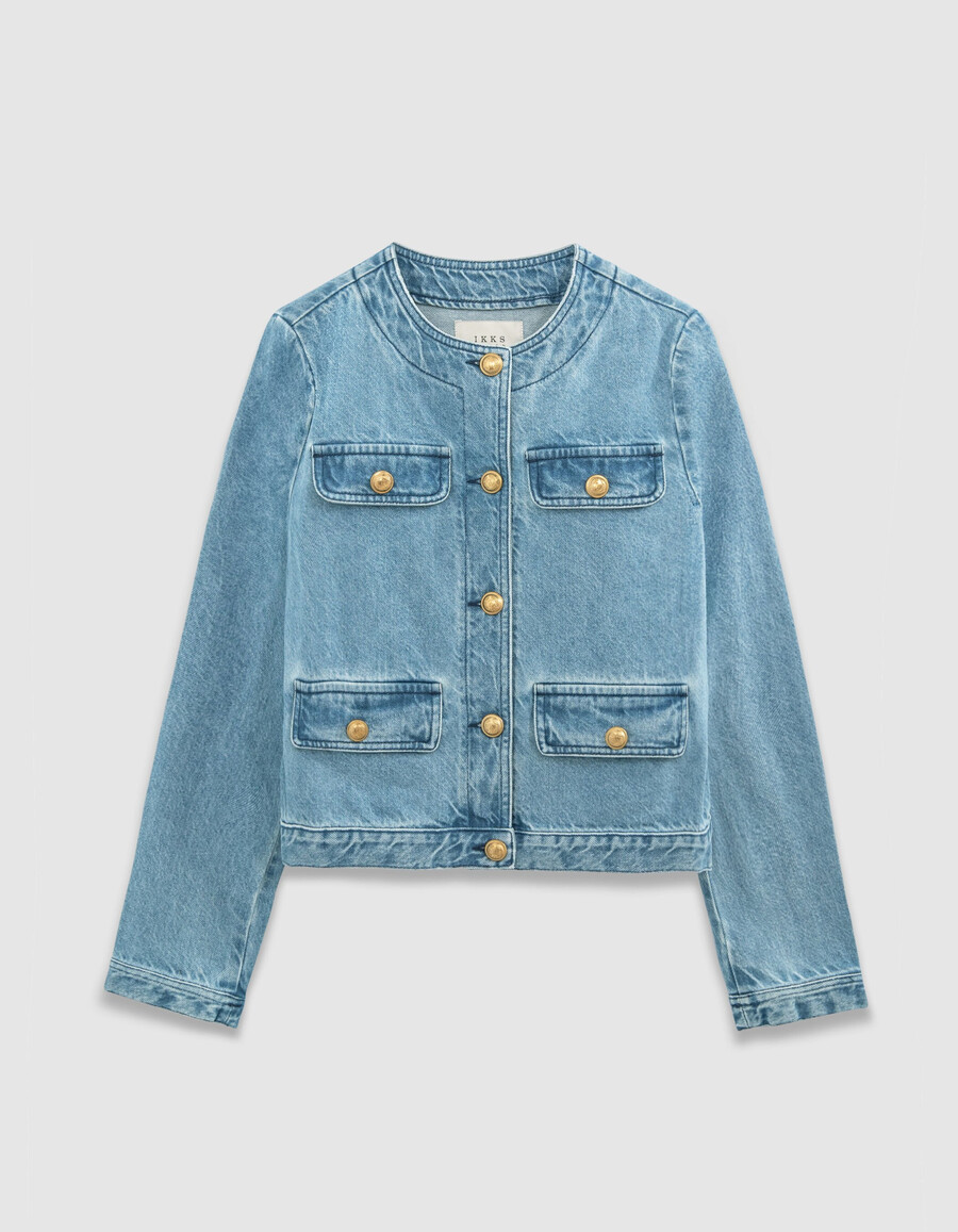 chaqueta vaquera azul sin cuello para mujer