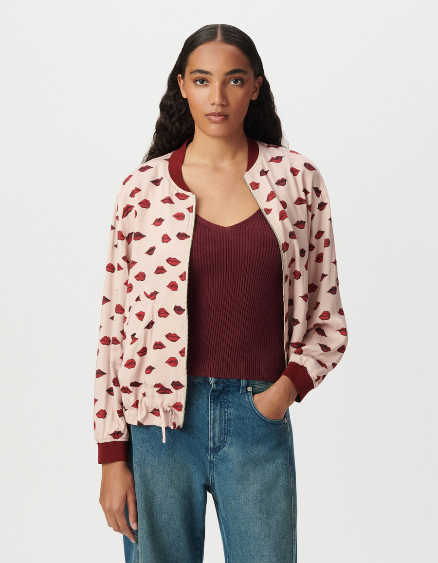 chaqueta bomber de satén rosa para mujer con estampado de boca