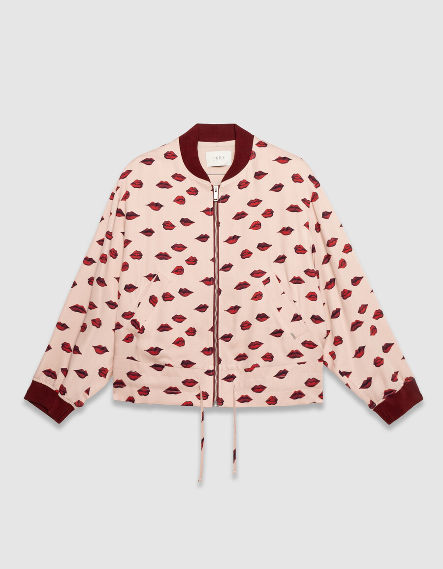 chaqueta bomber de satén rosa para mujer con estampado de boca