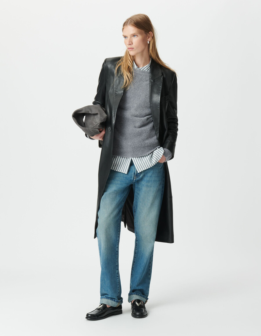 abrigo largo extragrande de cuero negro para mujer