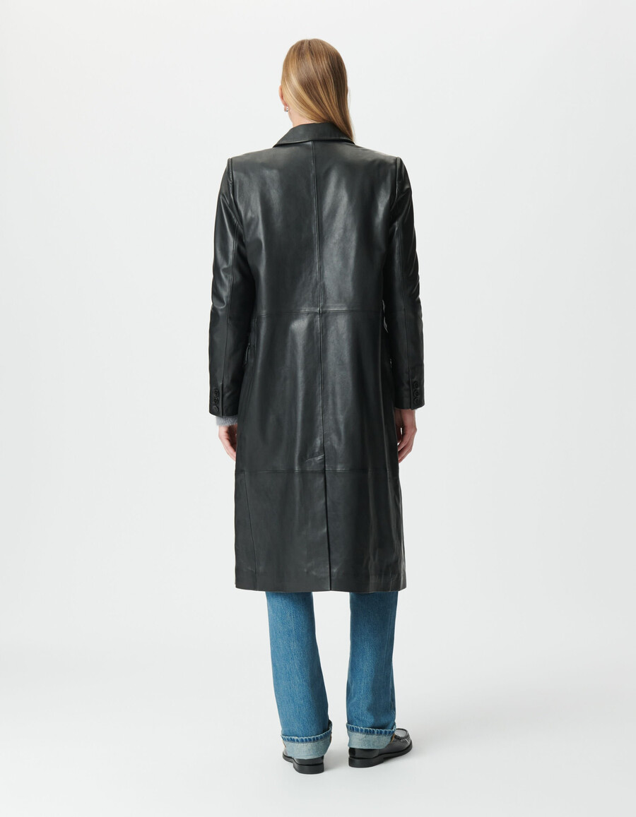 abrigo largo extragrande de cuero negro para mujer