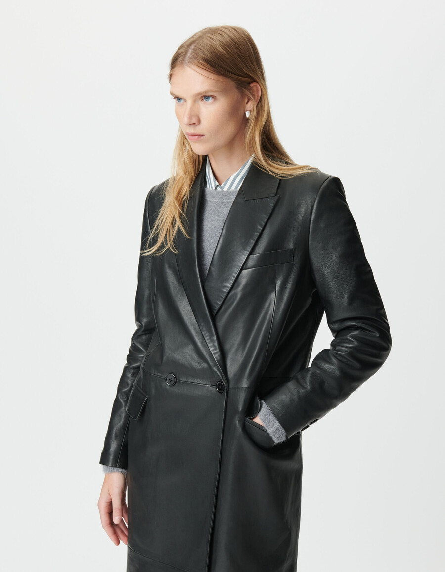 abrigo largo extragrande de cuero negro para mujer