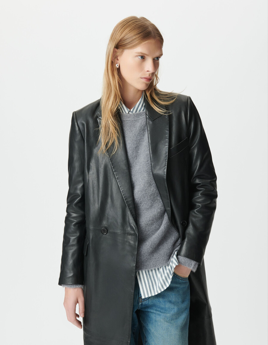 abrigo largo extragrande de cuero negro para mujer