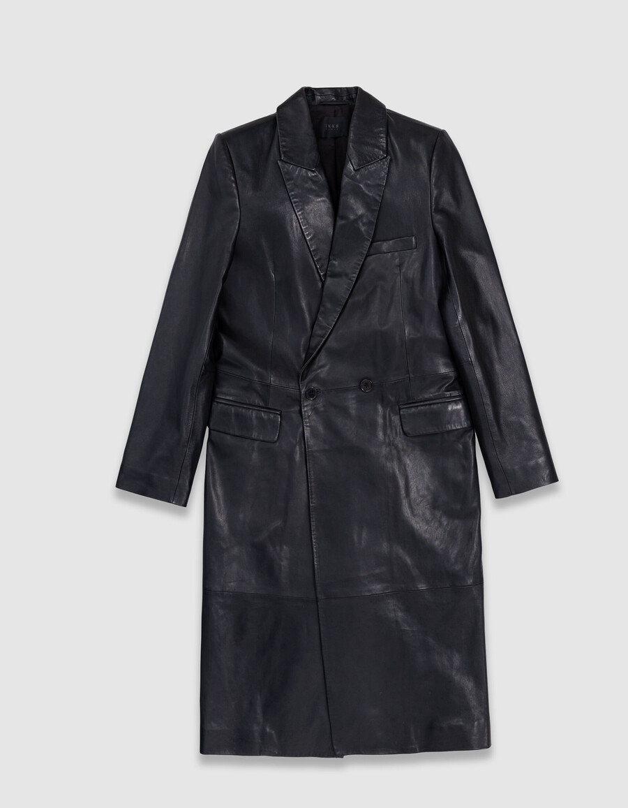 abrigo largo extragrande de cuero negro para mujer