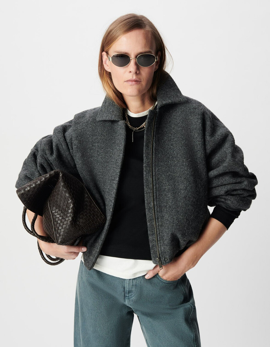 chaqueta de lana hervida gris de gran tamaño para mujer