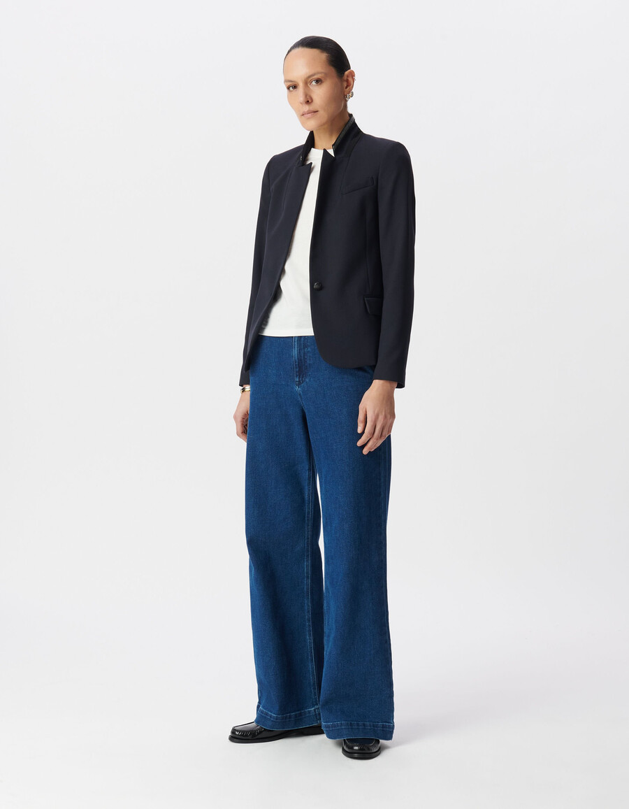 chaqueta de traje azul marino para mujer con cuello elegante