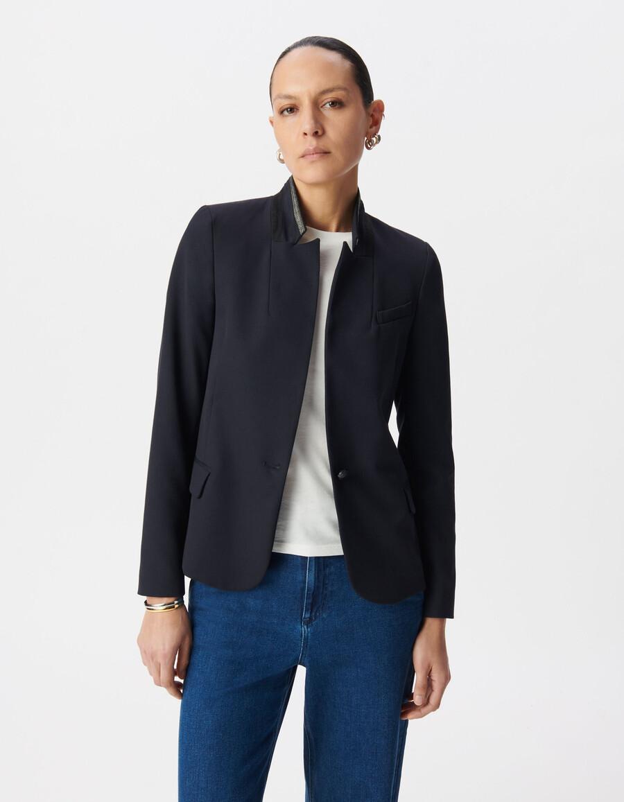 chaqueta de traje azul marino para mujer con cuello elegante