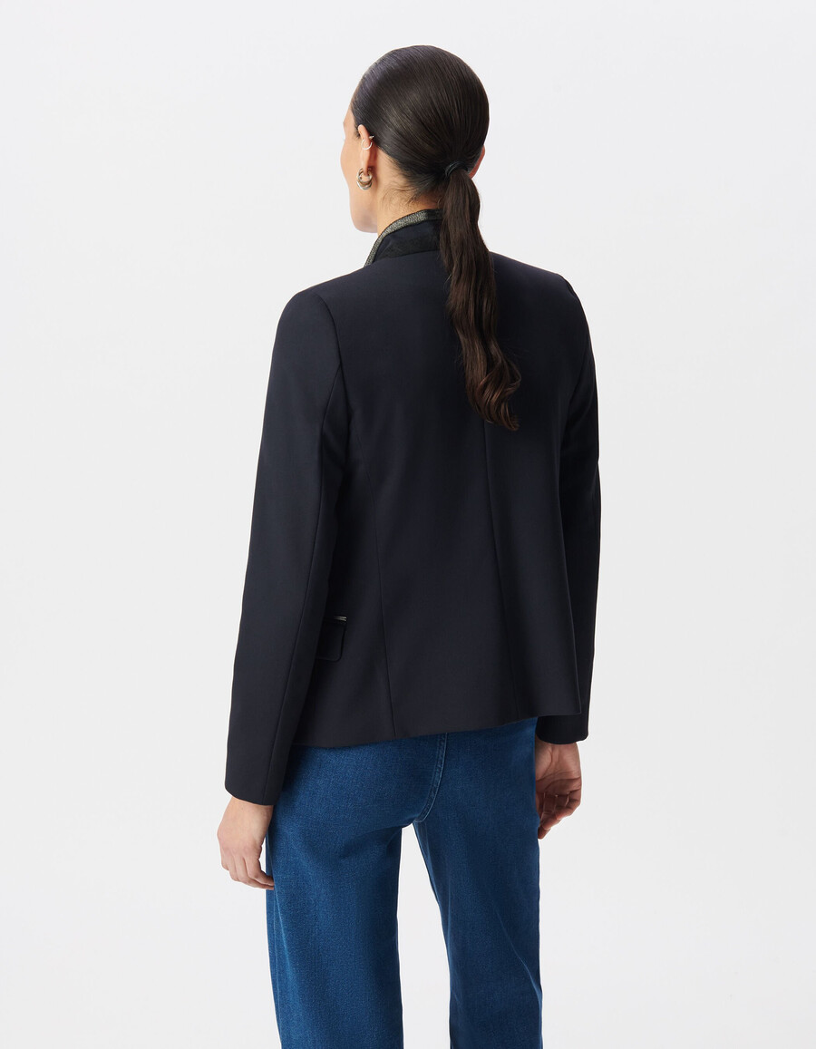 chaqueta de traje azul marino para mujer con cuello elegante