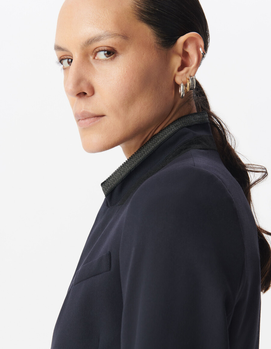 chaqueta de traje azul marino para mujer con cuello elegante